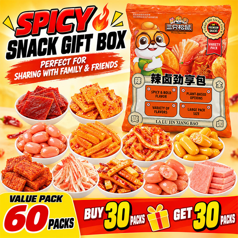 THREE SQUIRRELS Spicy Braised Snack Pack, 60 Mini Packs Total 487g, Mixed Meat & Vegetarian Snack Gift Bag
